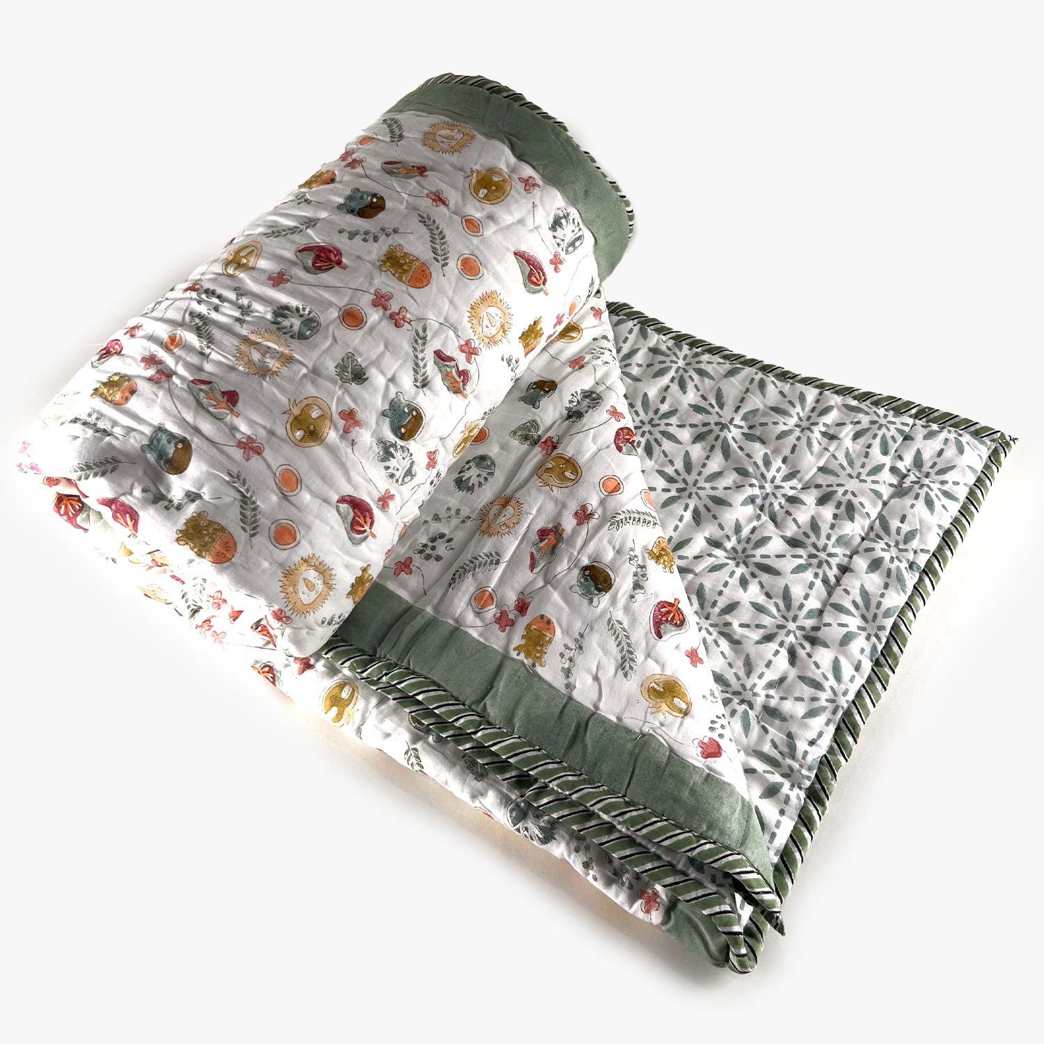 Multi Colour Double Sided Block Printed Cotton Baby Quilt Single 40x60 Inches