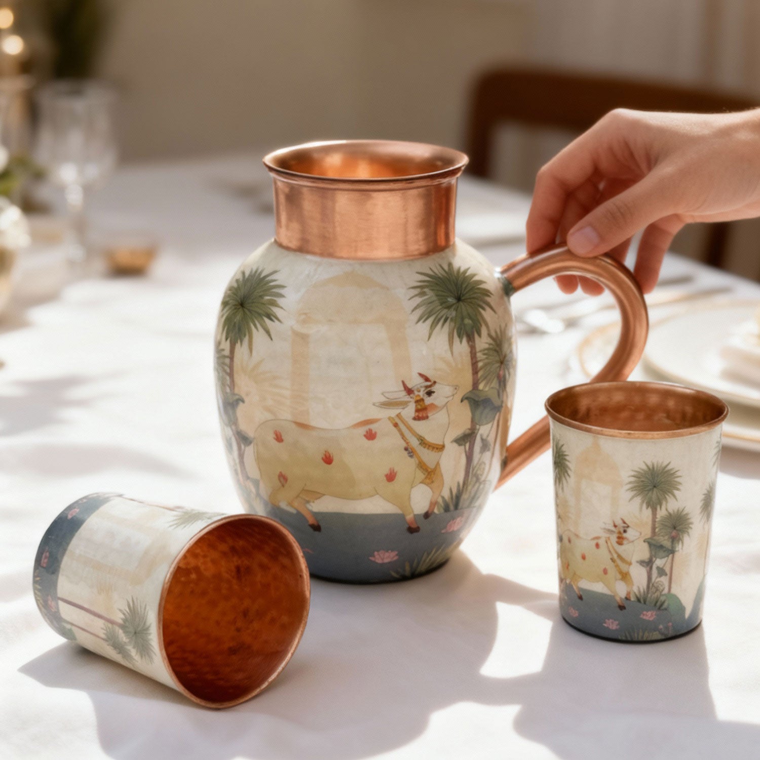 White & Blue Cow Pure Copper Jug & Glass Set