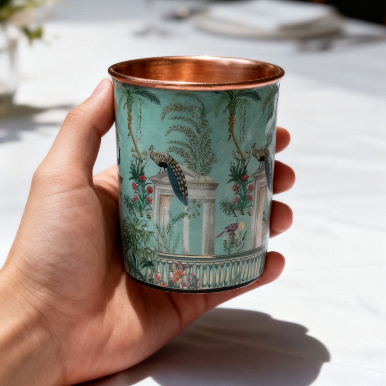 Pastel Green Peacock Pure Copper Jug & Glass Set