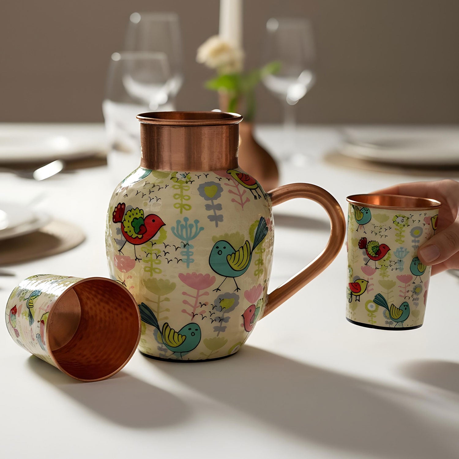 White Birds Pure Copper Jug & Glass Set
