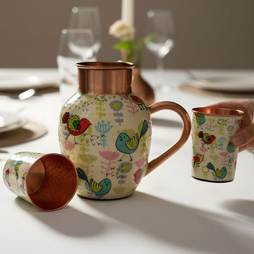 White Birds Pure Copper Jug & Glass Set
