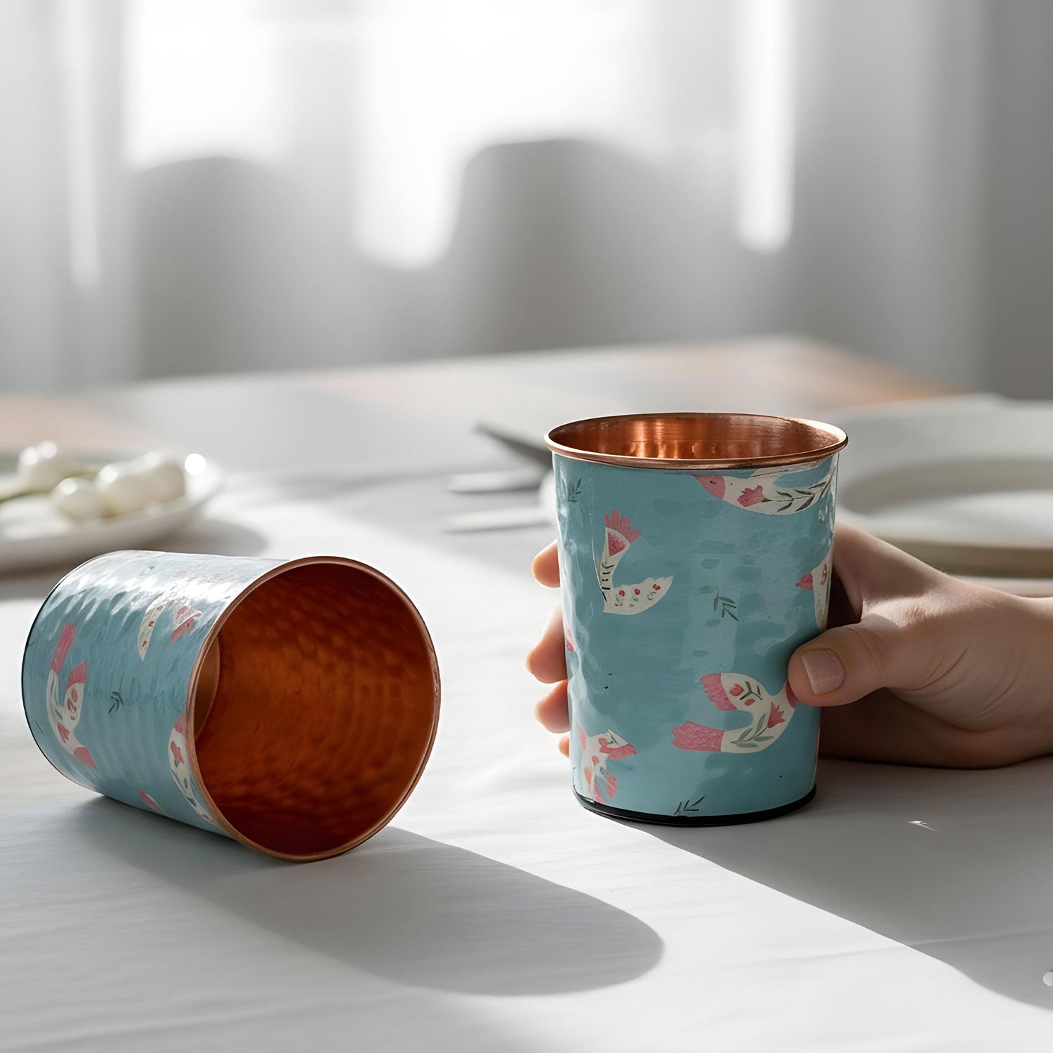 Light Blue Birds Pure Copper Jug & Glass Set