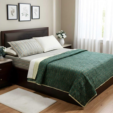 Dark Green Leopard Printed Cotton Bedsheet - 100 inches x 110 inches