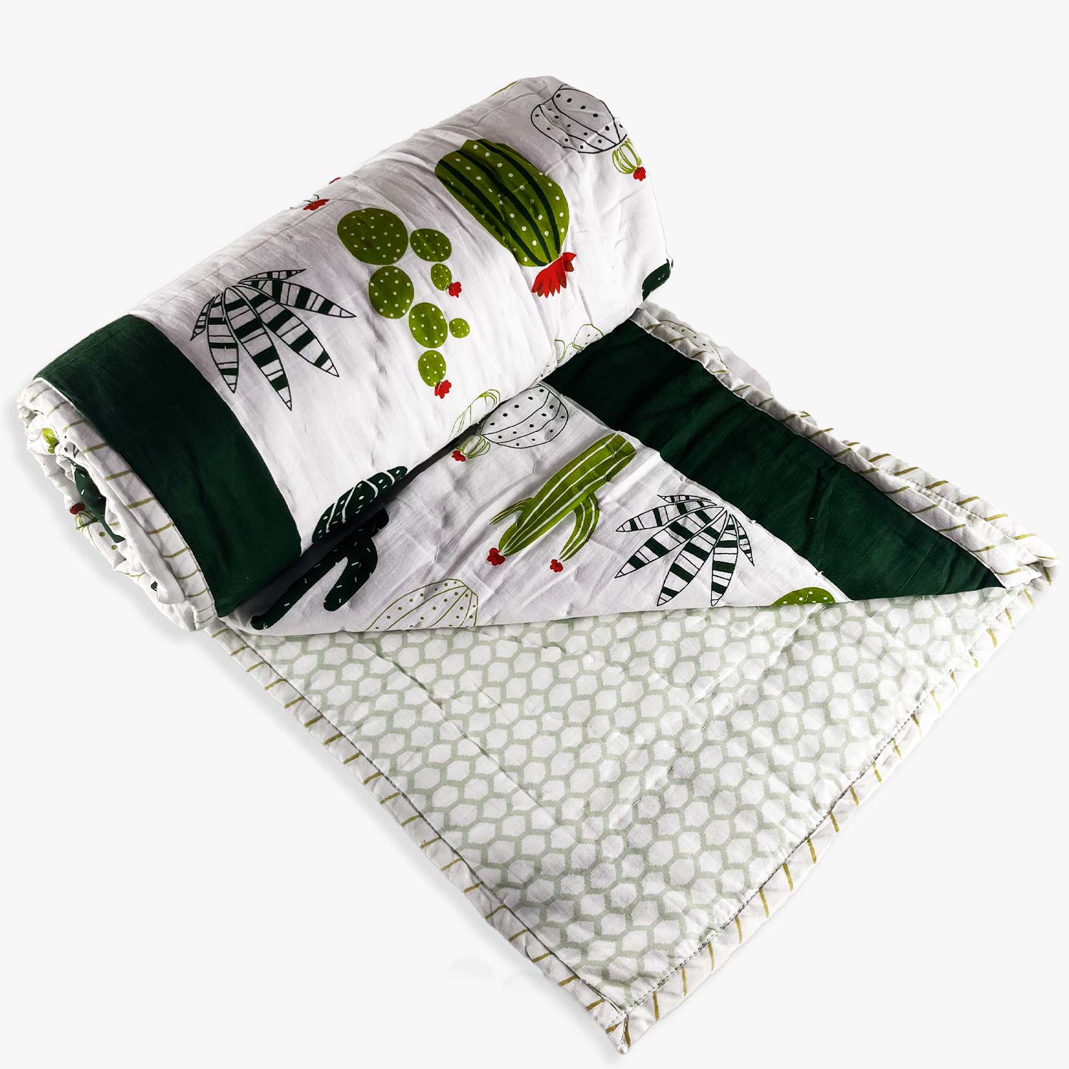 Plants Double Sided Block Printed Cotton Baby Quilt Single 40x60 Inches