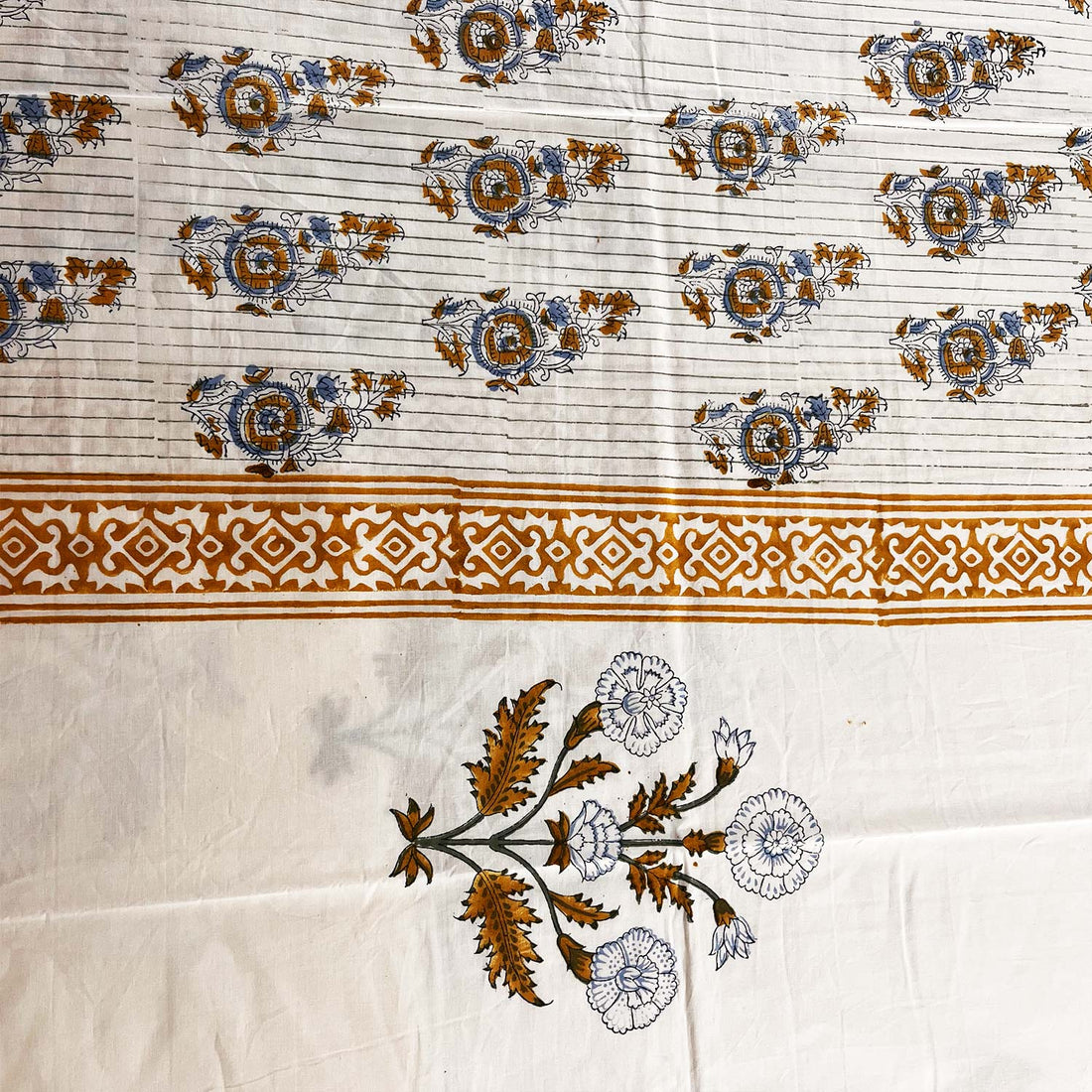 Beige Floral Block Printed Cotton Double Bedsheet Set With 2 Pillow Covers - 108 inches x 108 inches