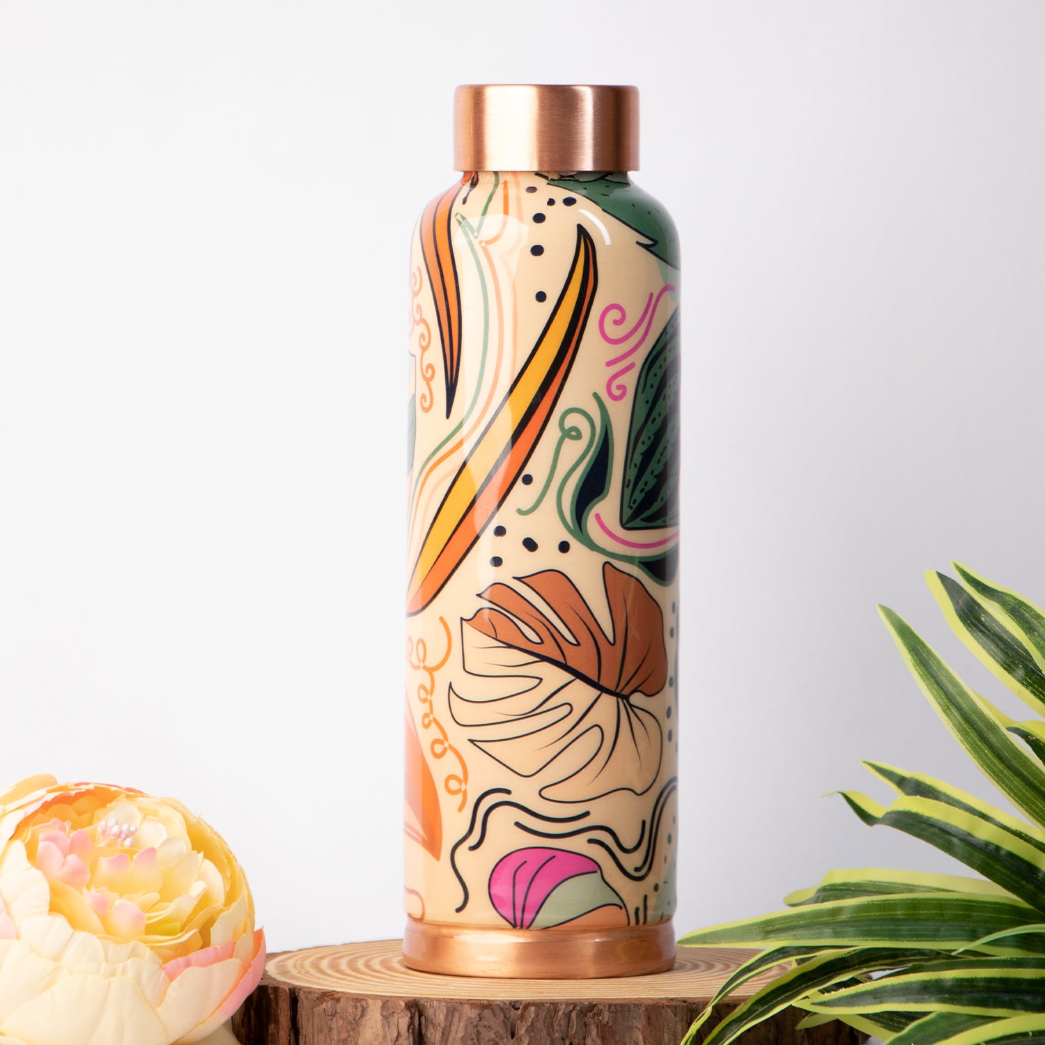 Topical Orange Leaves Pattern | 100% Pure Copper Bottle|950 ml | Peacoy