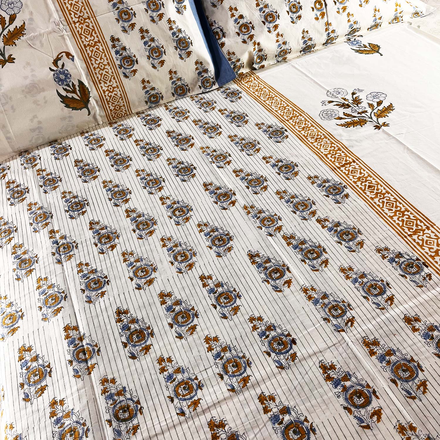 Beige Floral Block Printed Cotton Double Bedsheet Set With 2 Pillow Covers - 108 inches x 108 inches