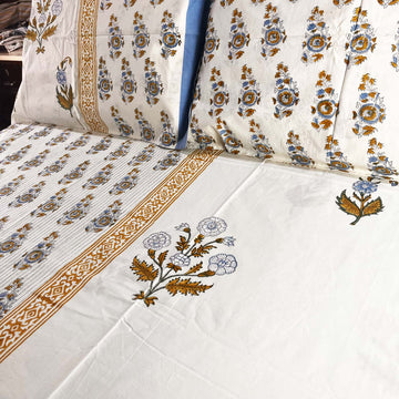 Beige Floral Block Printed Cotton Double Bedsheet Set With 2 Pillow Covers - 108 inches x 108 inches