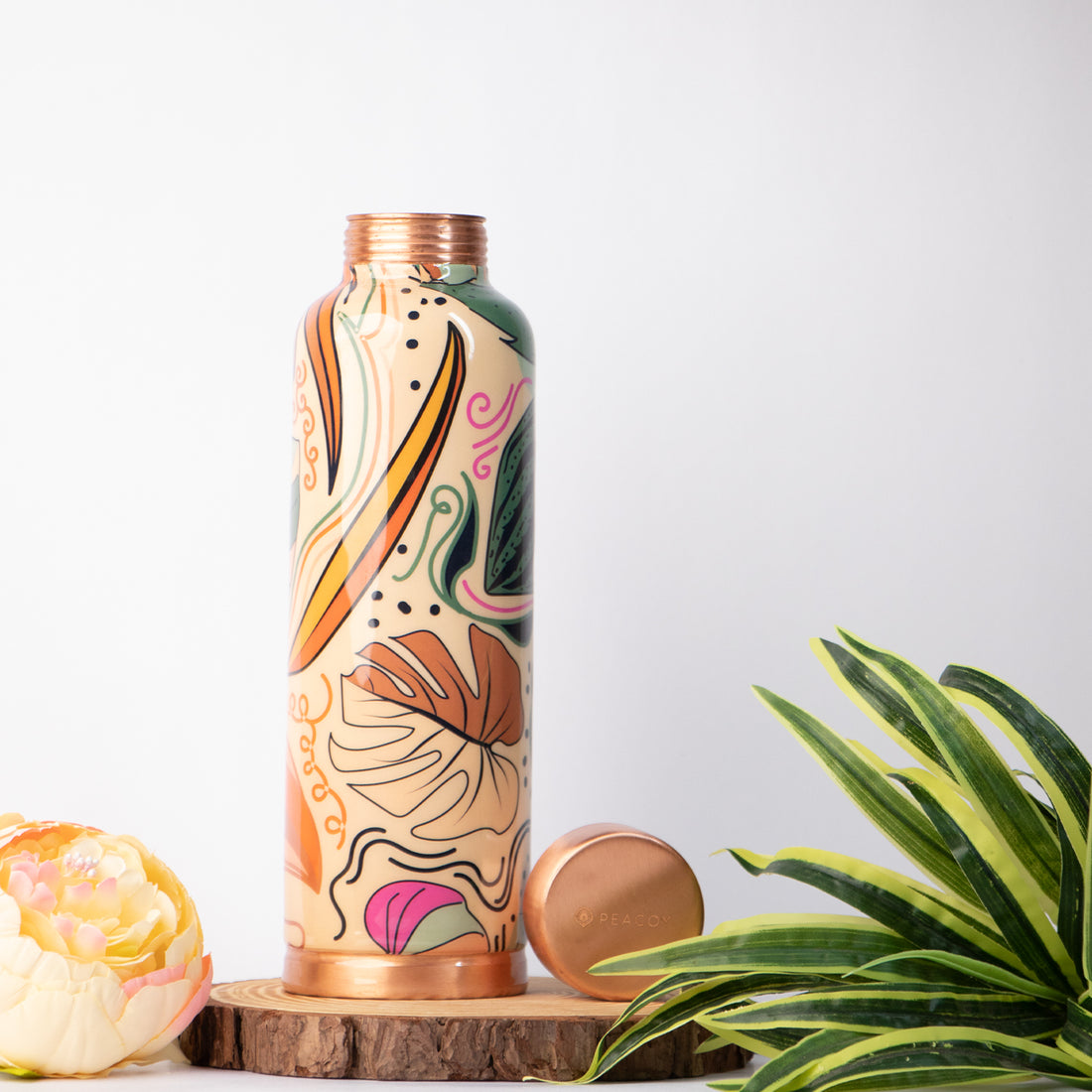 Topical Orange Leaves Pattern | 100% Pure Copper Bottle|950 ml | Peacoy