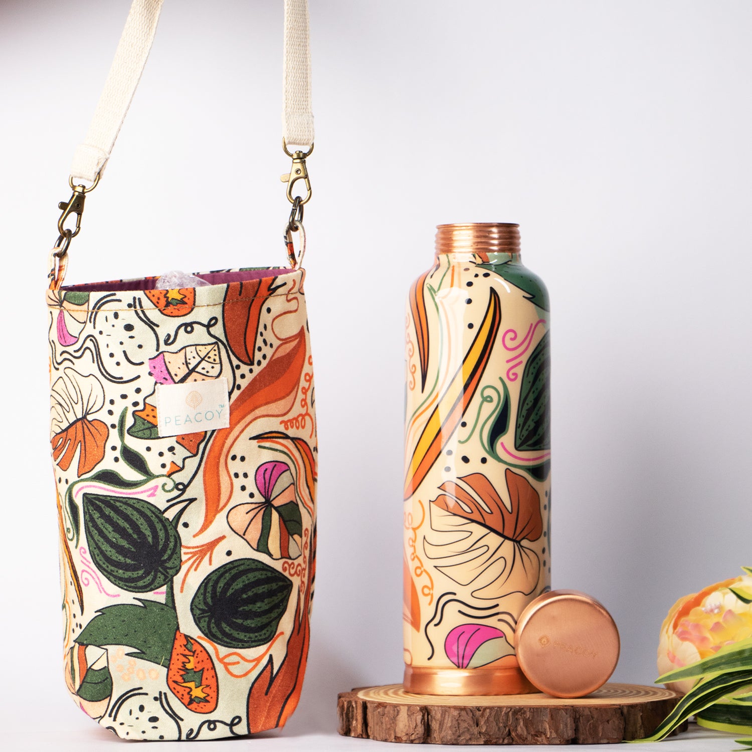 Topical Orange Leaves Pattern | 100% Pure Copper Bottle|950 ml | Peacoy