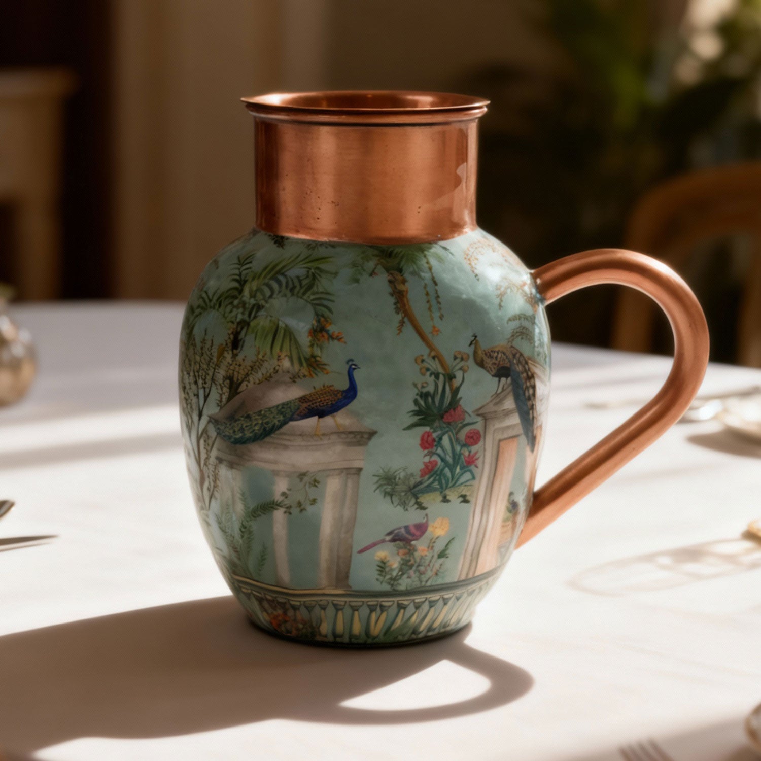 Pastel Green Peacock Pure Copper Jug & Glass Set