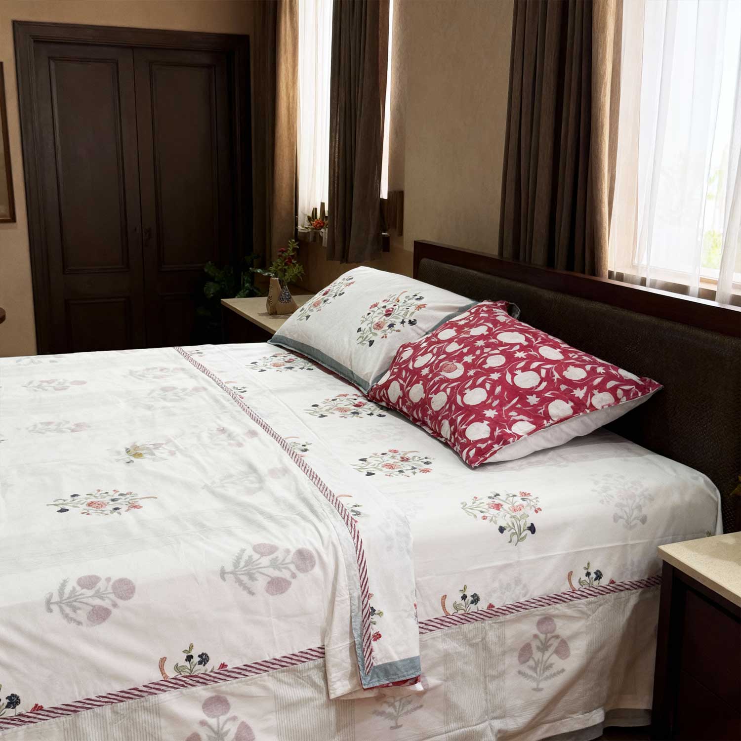 Pastel Green & Dark Pink Floral Cotton Printed 3D Dohar - 100 inches x 110 inches