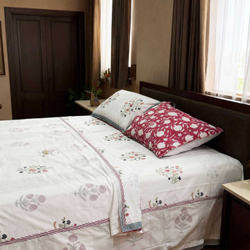 Pastel Green & Dark Pink Floral Cotton Printed 3D Dohar - 100 inches x 110 inches