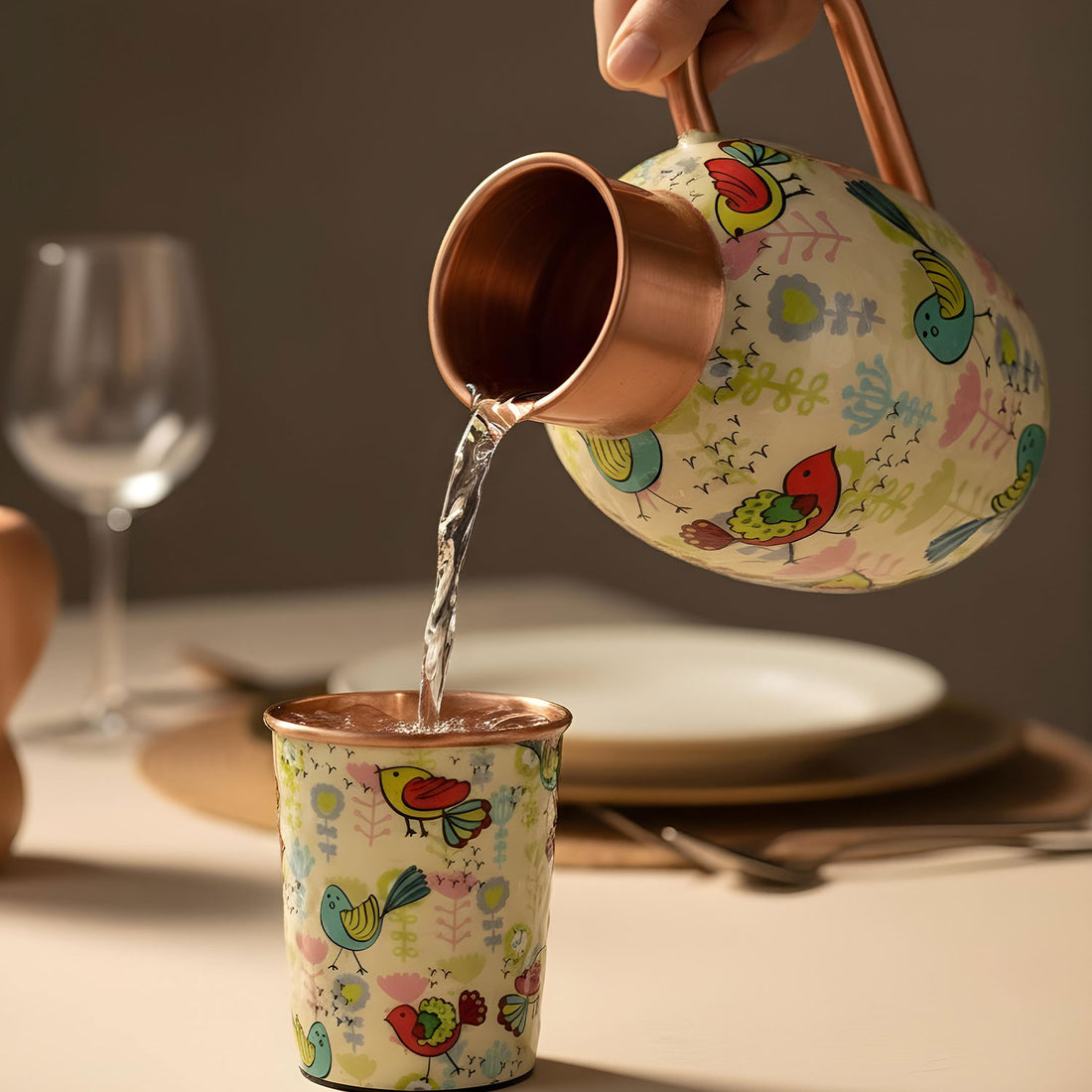 White Birds Pure Copper Jug & Glass Set