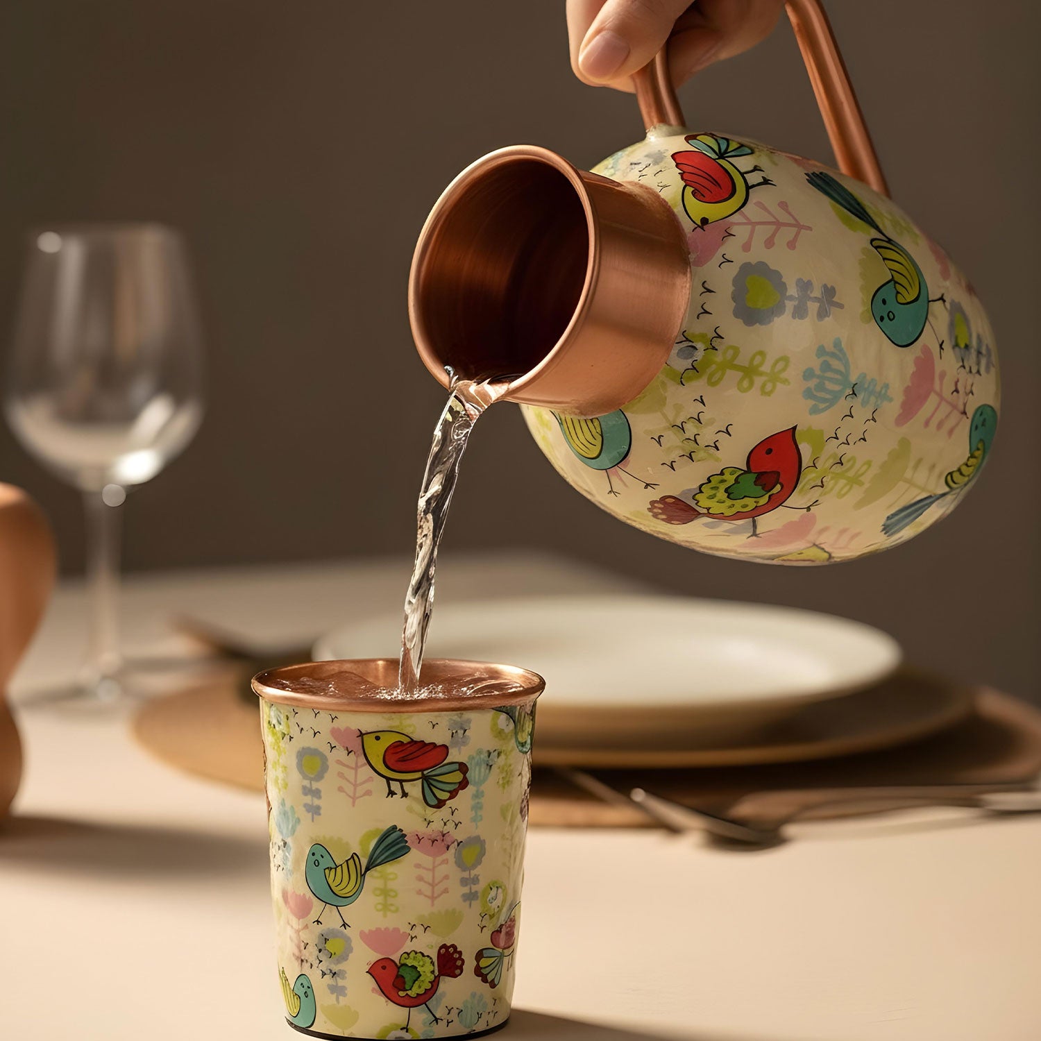 White Birds Pure Copper Jug & Glass Set