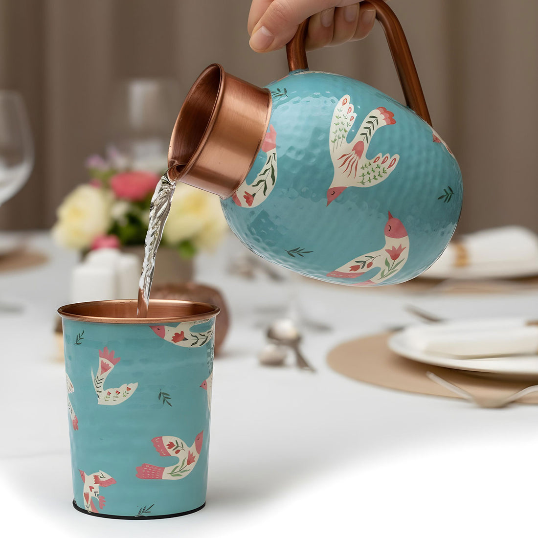 Light Blue Birds Pure Copper Jug & Glass Set