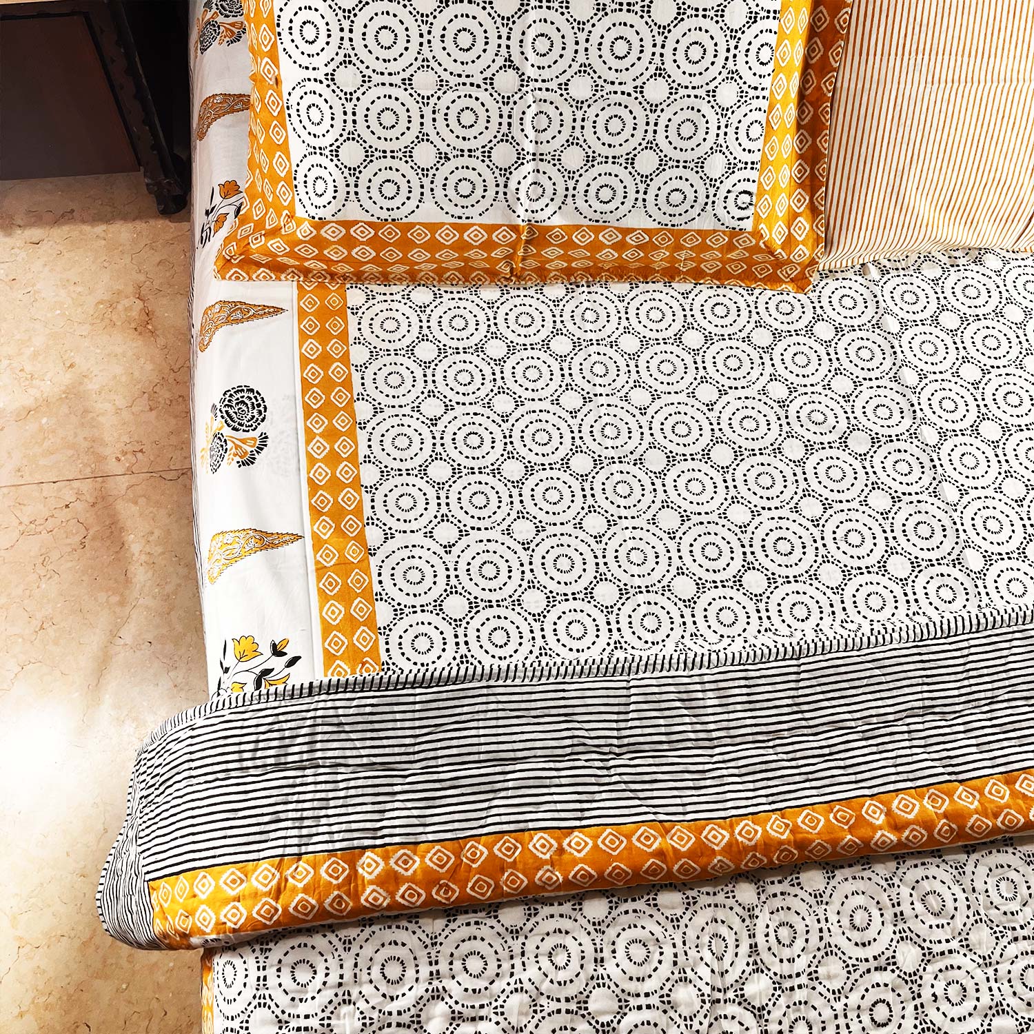 Yellow and White Floral Block Printed Cotton Double Bedsheet Set With 2 Pillow Covers - 108 inches x 108 inches