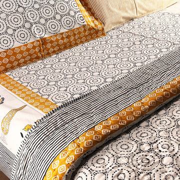 Yellow and White Floral Block Printed Cotton Double Bedsheet Set With 2 Pillow Covers - 108 inches x 108 inches