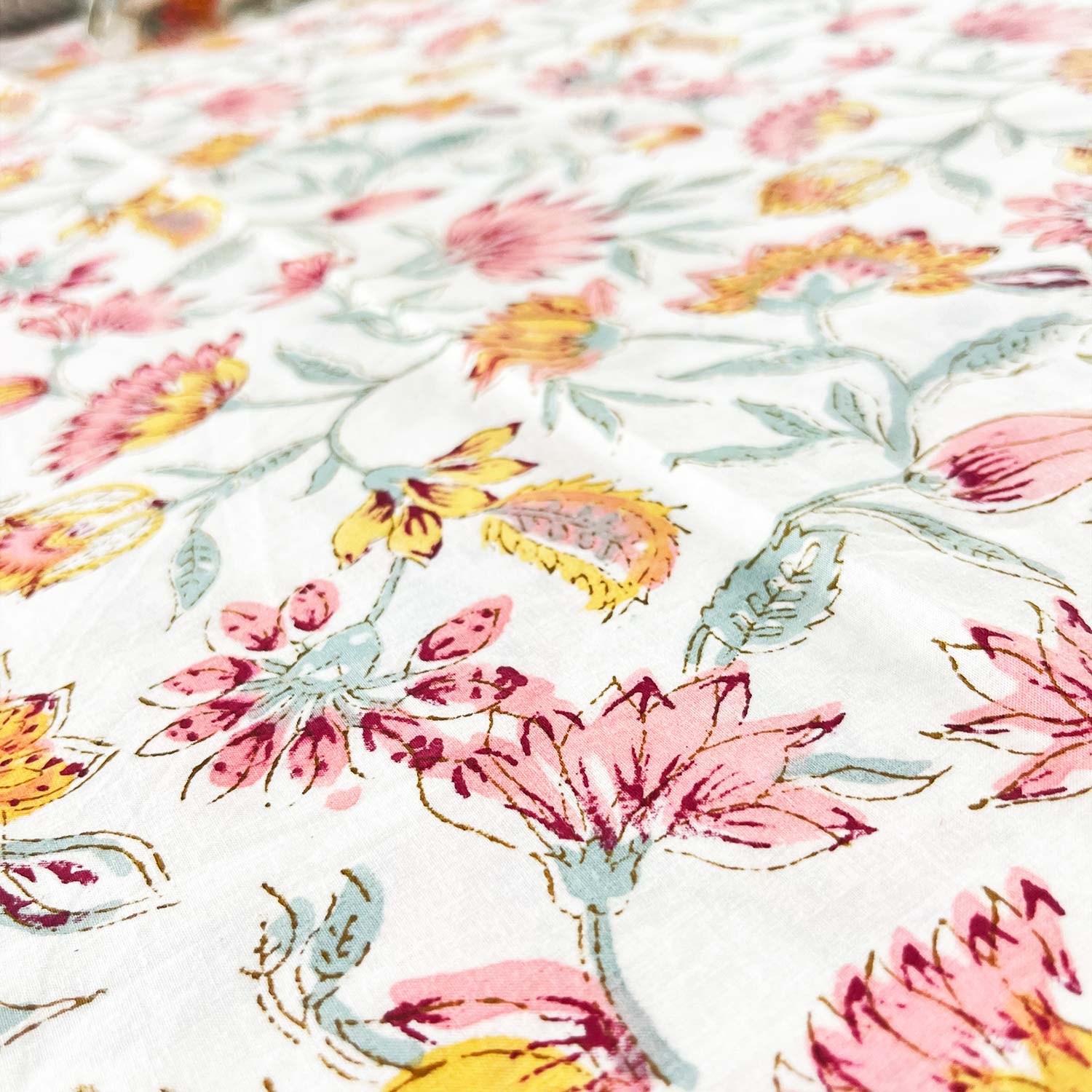 Pink and White Floral Block Printed Cotton Double Bedsheet Set With 2 Pillow Covers - 108 inches x 108 inches
