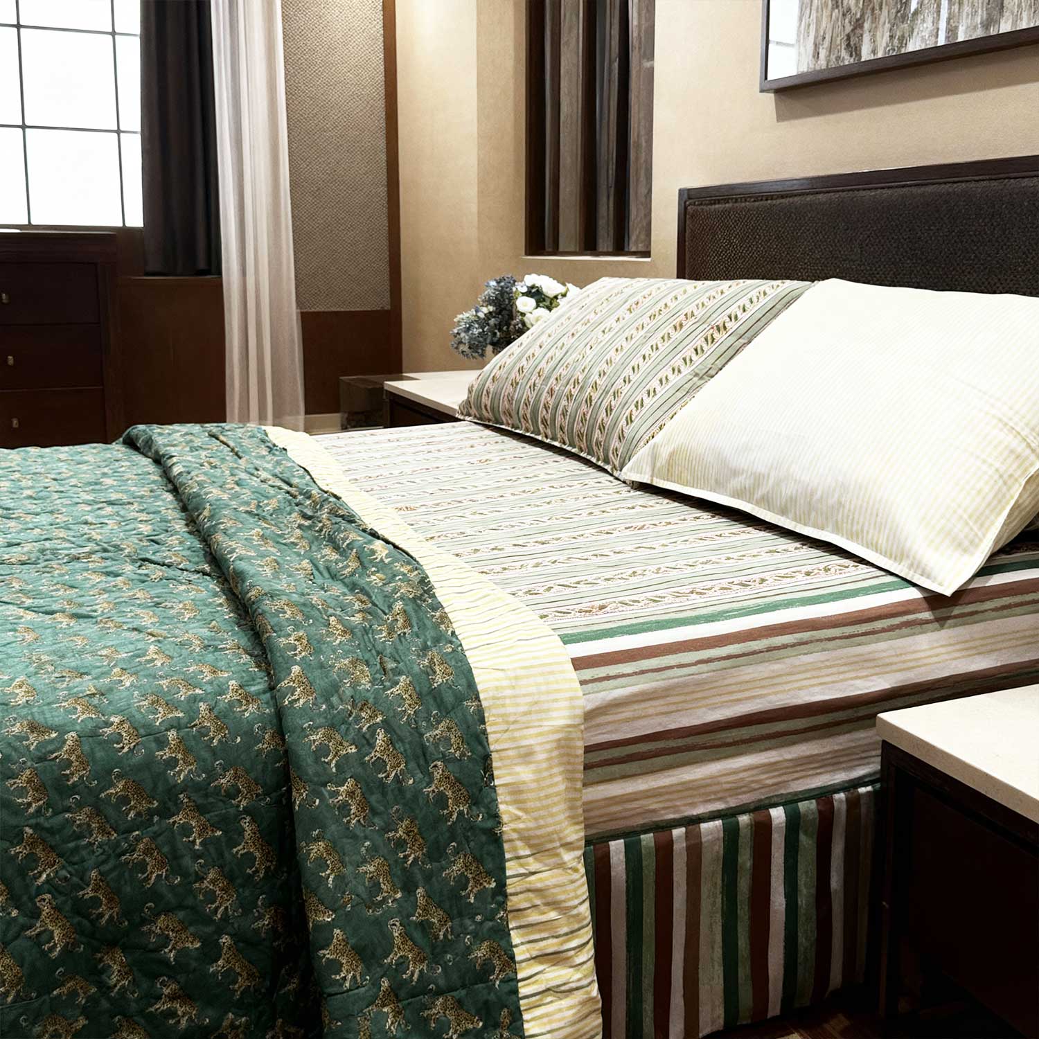 Dark Green Leopard Printed Cotton Quilt - 60 inches x 90 inches