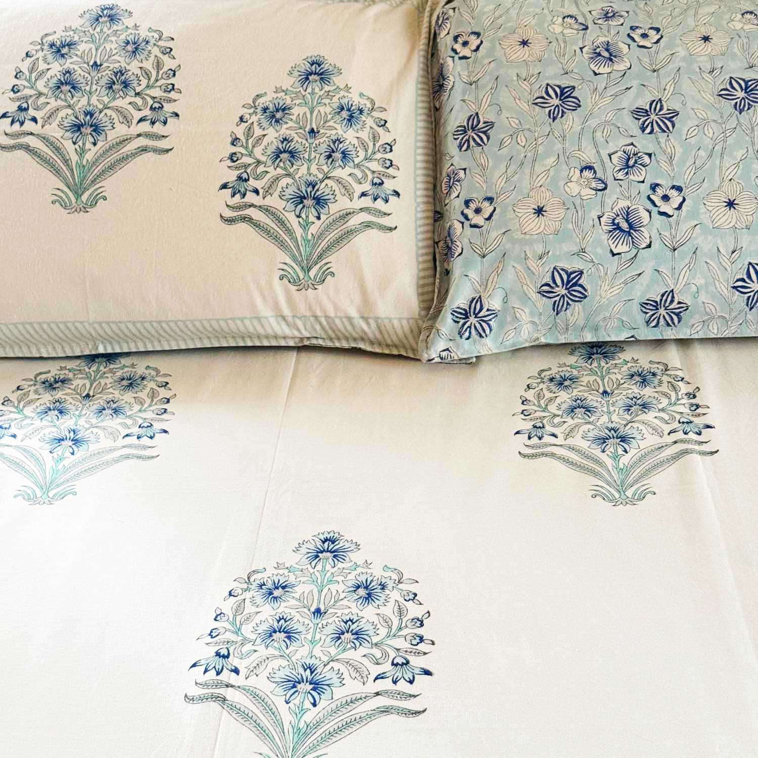 Blue Floral Motifs Cotton Printed Bedsheet - 100 inches x 110 inches
