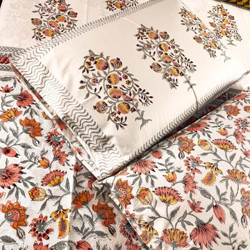 Pink and White Floral Block Printed Cotton Double Bedsheet Set With 2 Pillow Covers - 108 inches x 108 inches