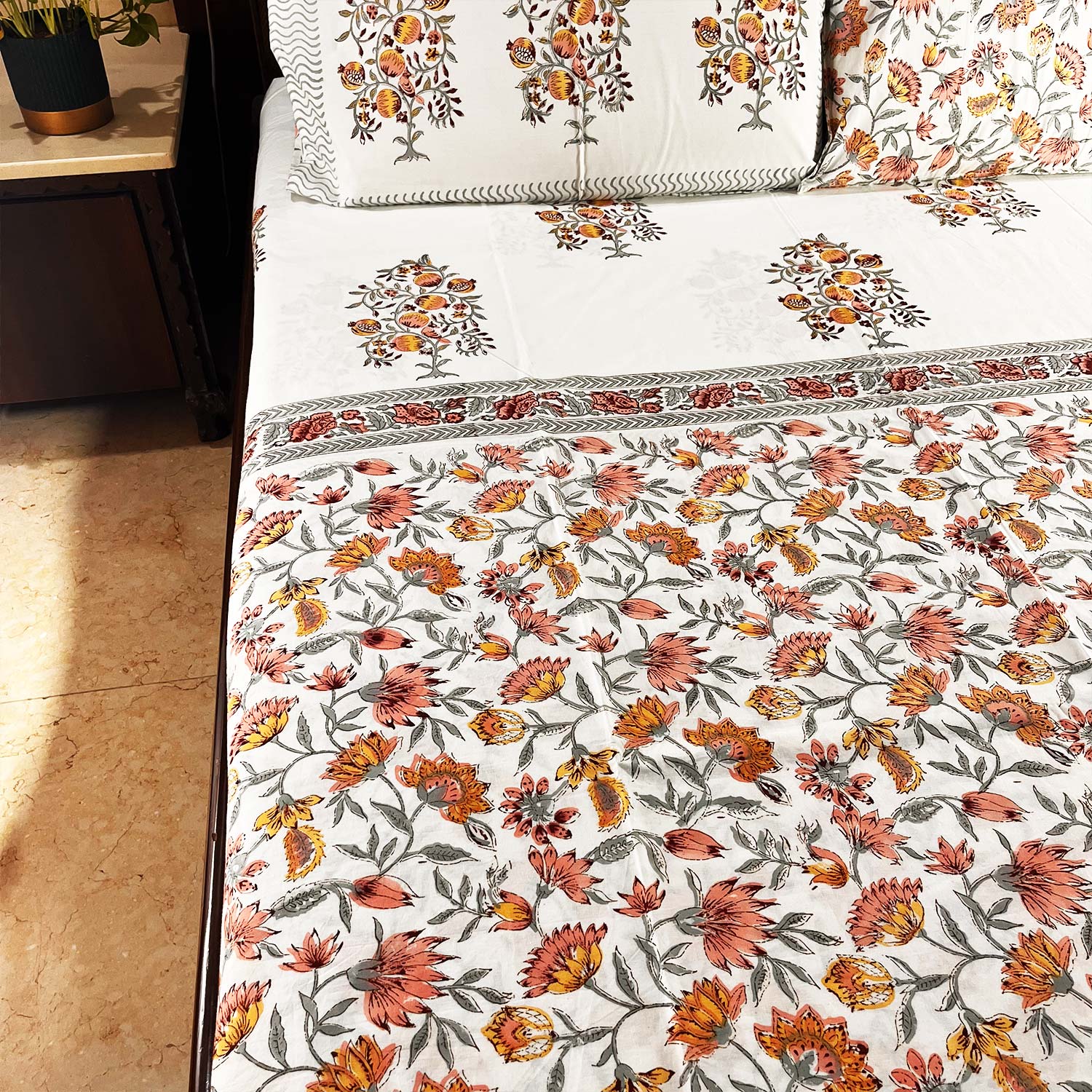 Pink and White Floral Block Printed Cotton Double Bedsheet Set With 2 Pillow Covers - 108 inches x 108 inches