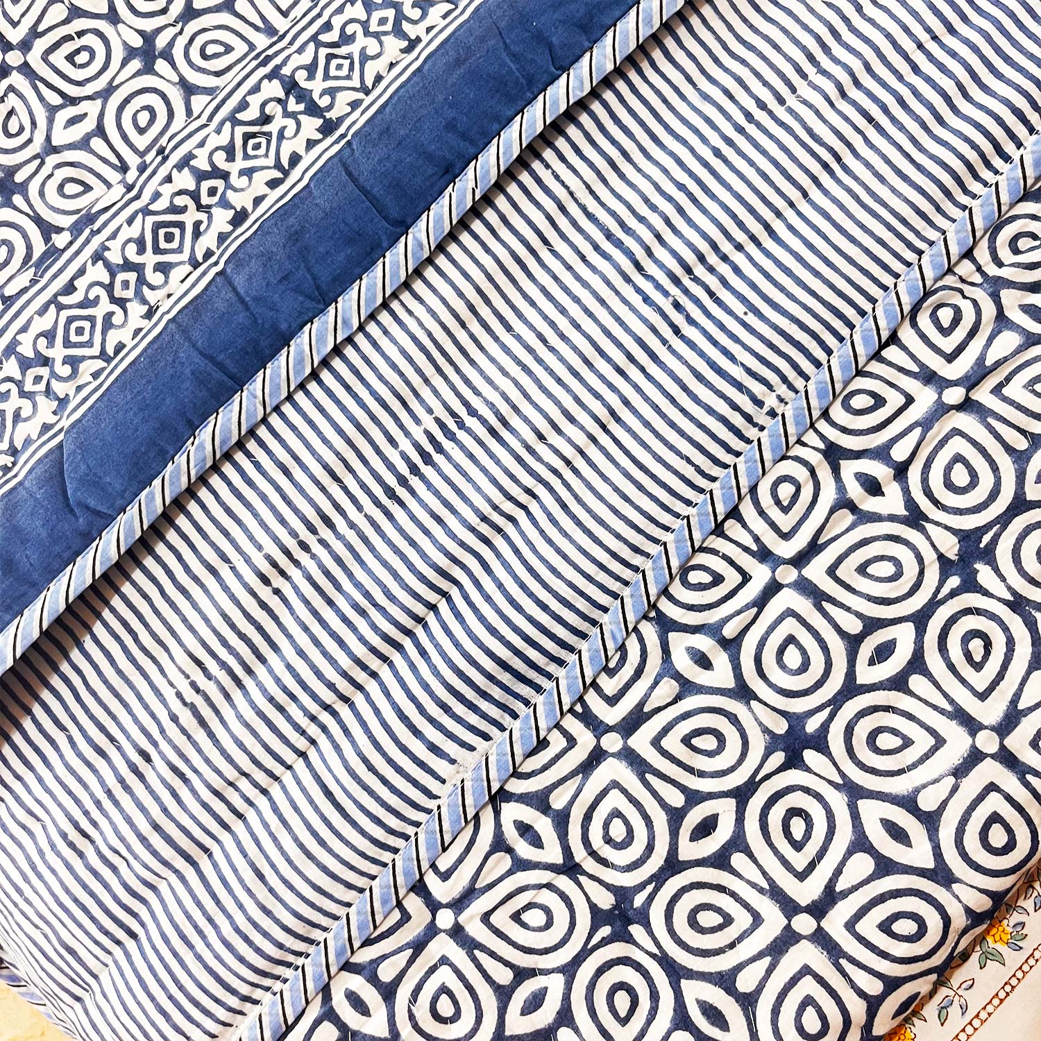 Blue Double Sided Block Printed Cotton  Quilt Single 60x90 Inches