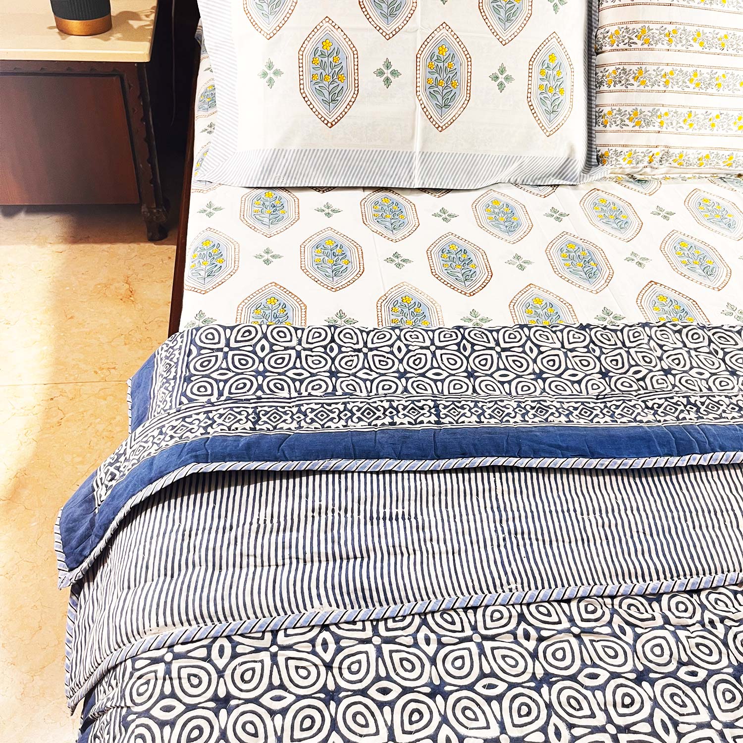 Blue Double Sided Block Printed Cotton  Quilt Single 60x90 Inches