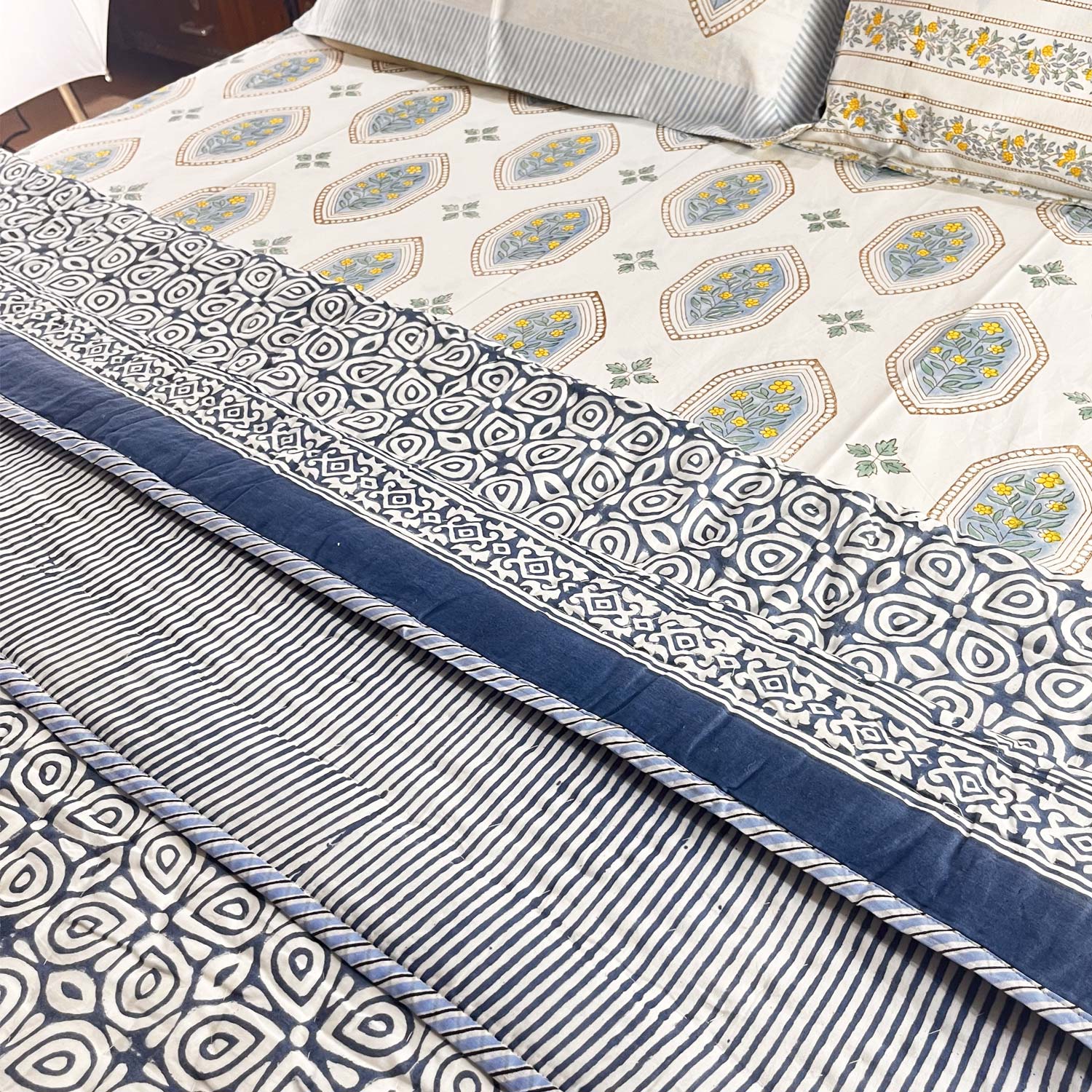Blue Double Sided Block Printed Cotton  Quilt Single 60x90 Inches