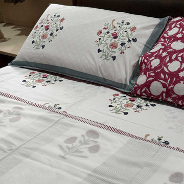 Pastel Green & Dark Pink Floral Cotton Printed Bedsheet - 100 inches x 110 inches