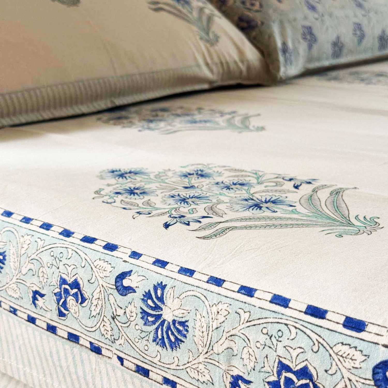 Blue Floral Motifs Cotton Printed Bedsheet - 100 inches x 110 inches