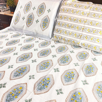 White Floral Block Printed Cotton Double Bedsheet Set With 2 Pillow Covers - 108 inches x 108 inches