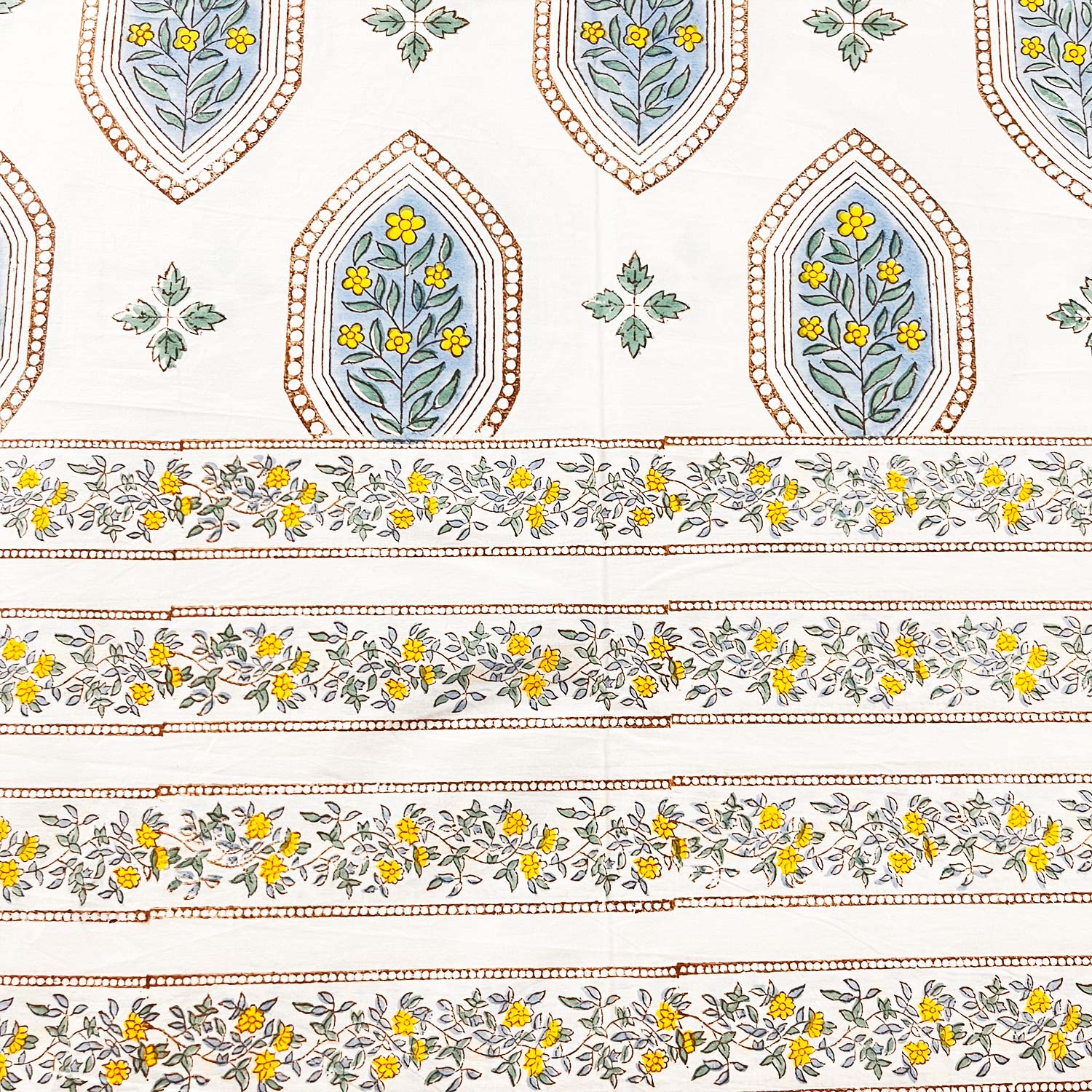 White Floral Block Printed Cotton Double Bedsheet Set With 2 Pillow Covers - 108 inches x 108 inches