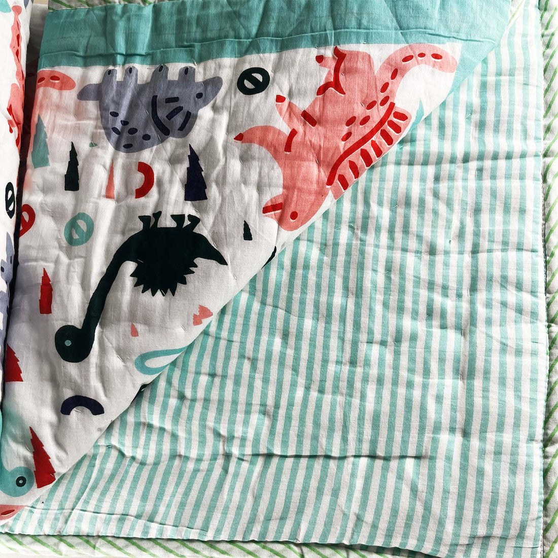 Dinosaur Double Sided Block Printed Cotton Quilt Single 40x60 Inches
