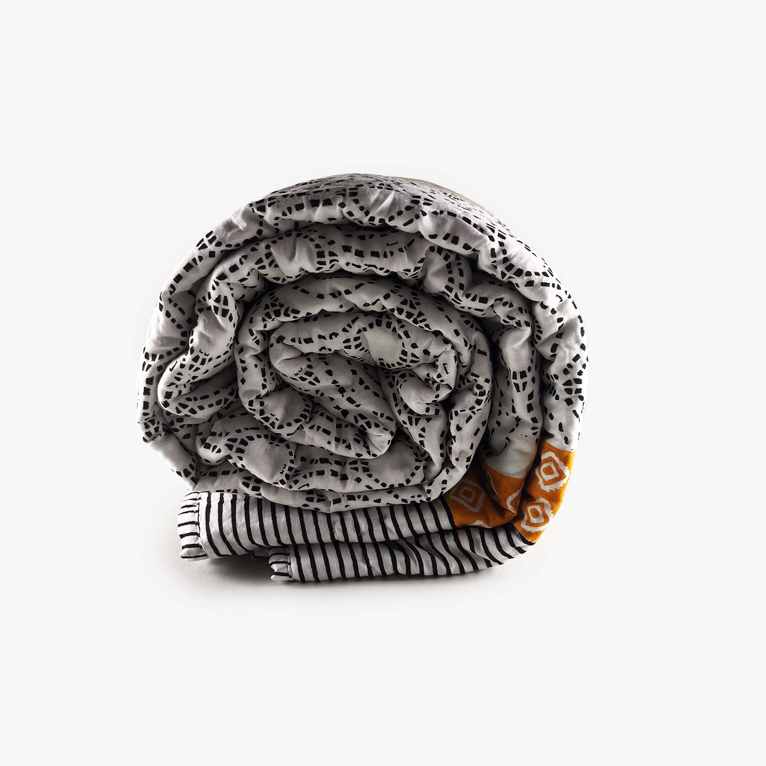 Black Strip Double Sided Block Printed Cotton Quilt Single 60x90 Inches