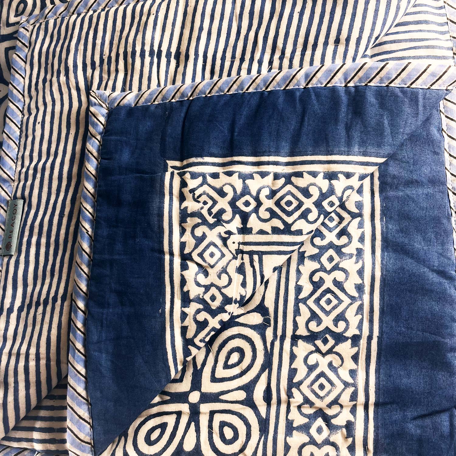 Blue Double Sided Block Printed Cotton  Quilt Single 60x90 Inches