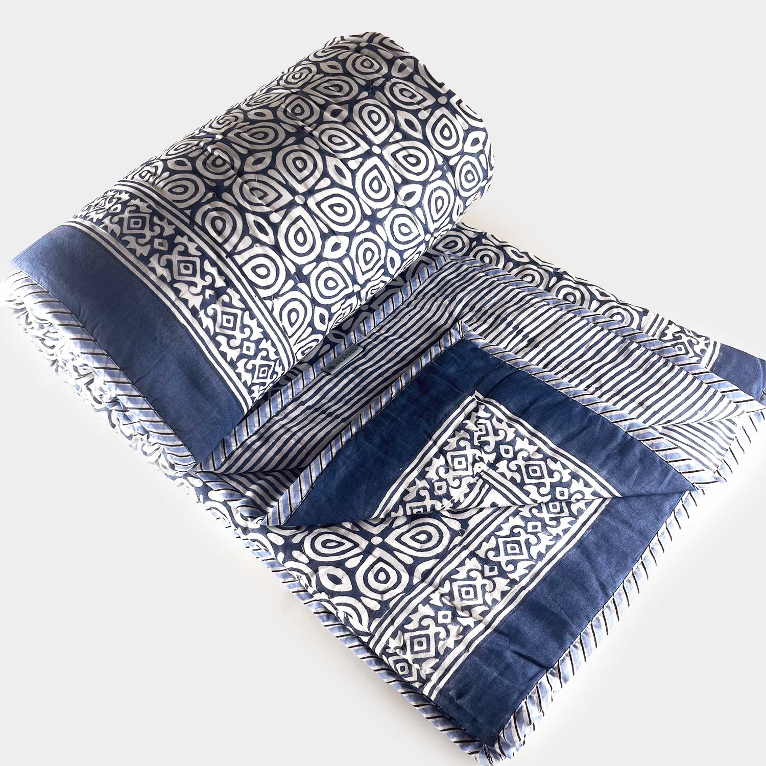 Blue Double Sided Block Printed Cotton  Quilt Single 60x90 Inches
