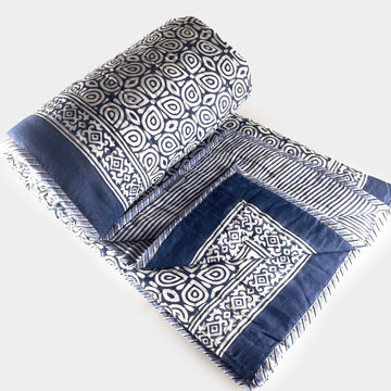 Blue Double Sided Block Printed Cotton  Quilt Single 60x90 Inches