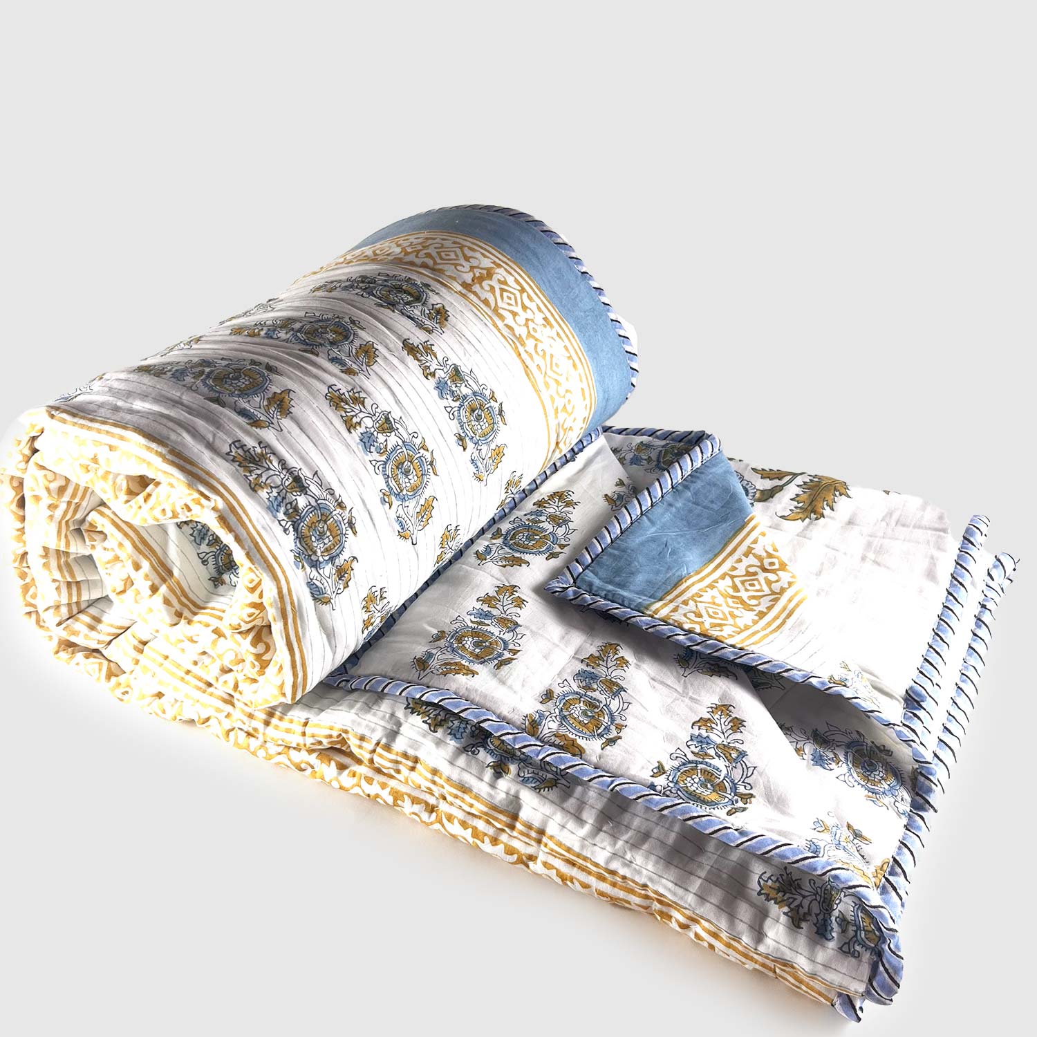 Flowers Double Sided Block Printed Cotton Quilt Single 60x90 Inches