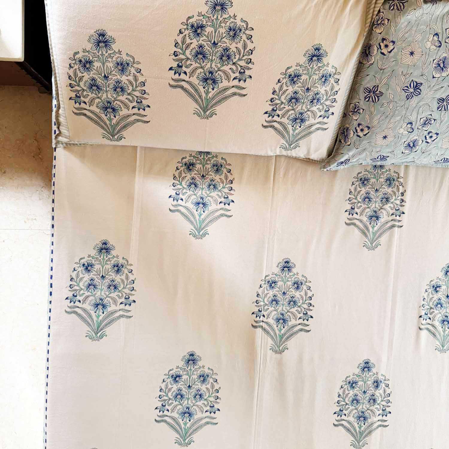 Blue Floral Motifs Cotton Printed Bedsheet - 100 inches x 110 inches
