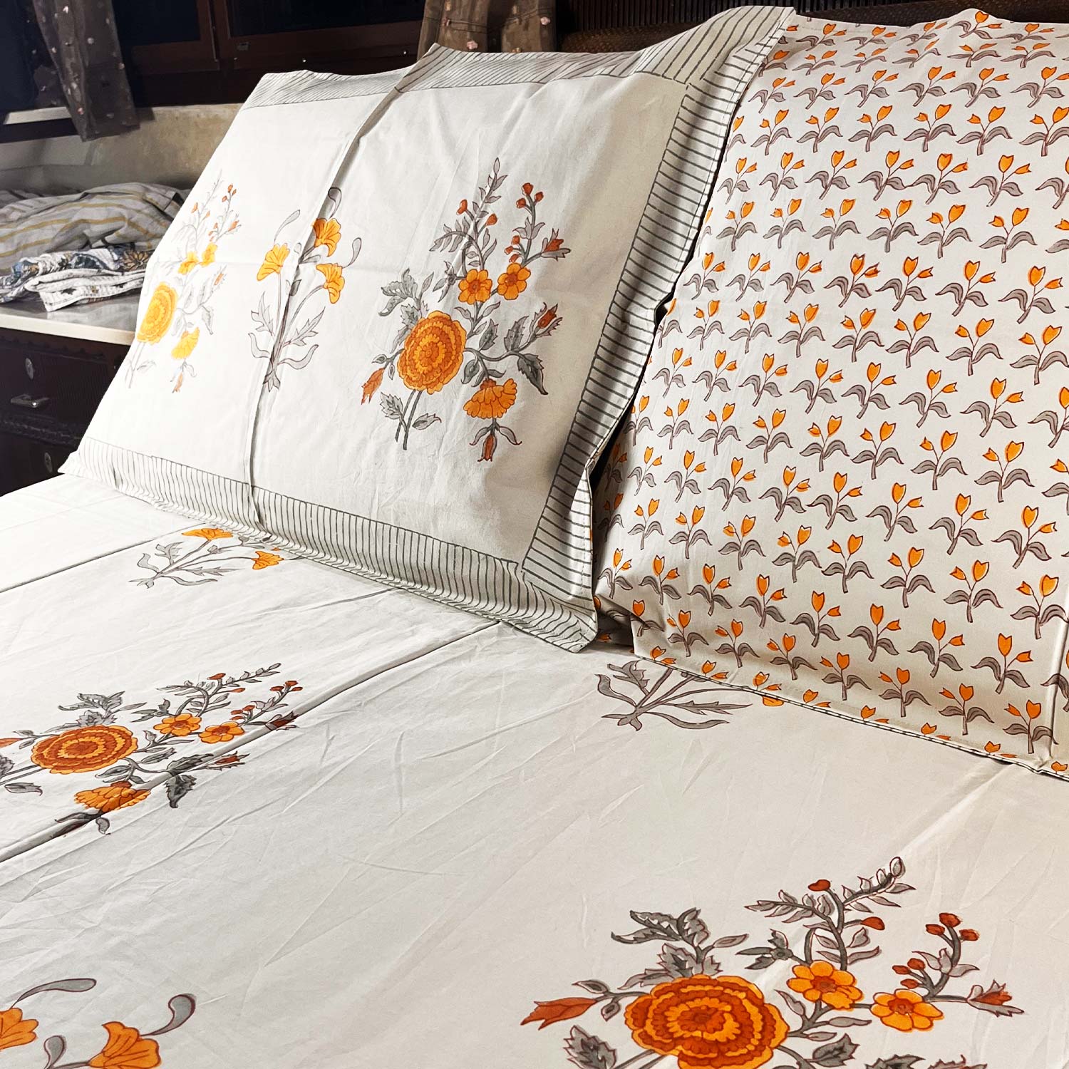 White and Yellow Floral Block Printed Cotton Double Bedsheet Set With 2 Pillow Covers - 108 inches x 108 inches