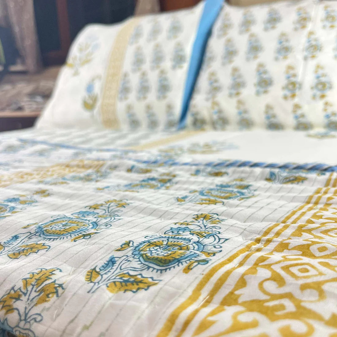 Flowers Double Sided Block Printed Cotton Quilt Single 60x90 Inches