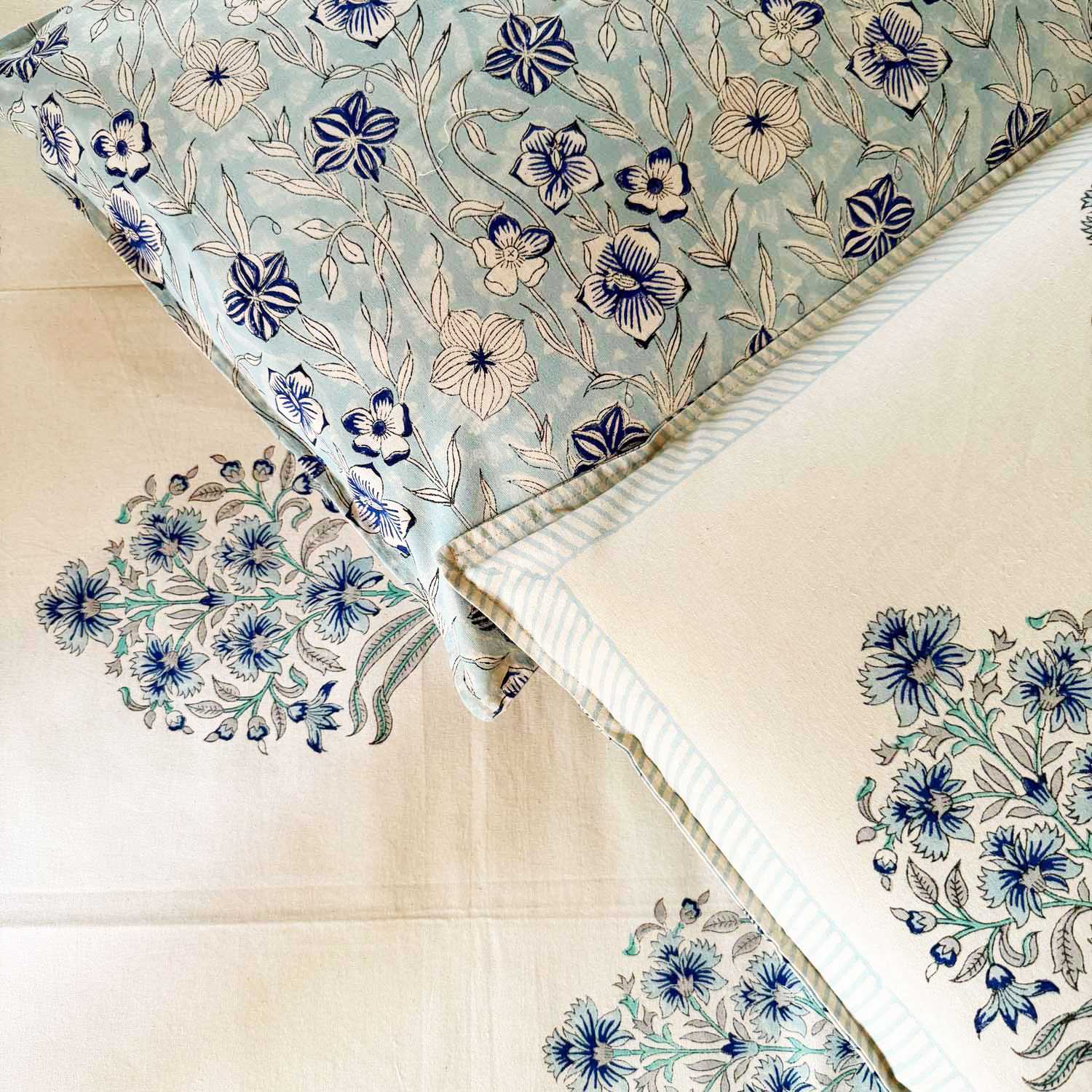 Blue Floral Motifs Cotton Printed Bedsheet - 100 inches x 110 inches