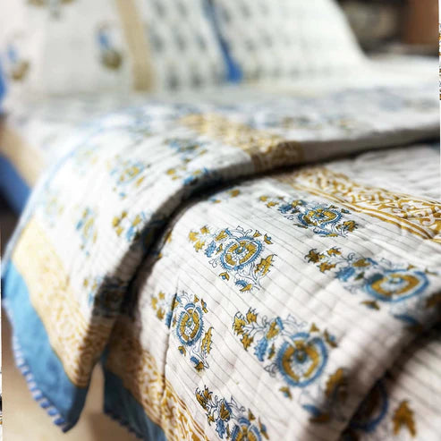 Flowers Double Sided Block Printed Cotton Quilt Single 60x90 Inches