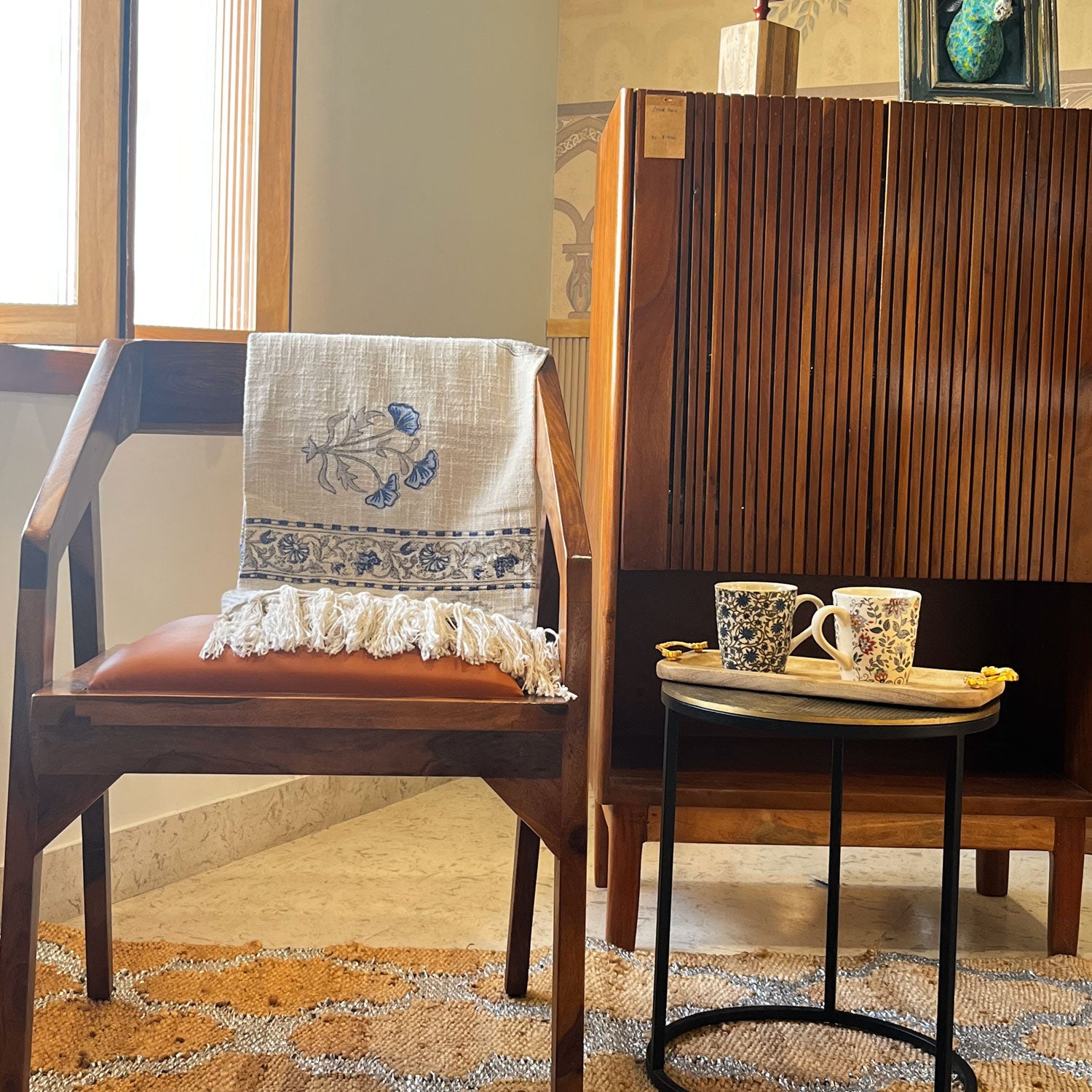 Floral Blue White Block Printed 100 % Cotton Throw - 60 inches x 48 inches