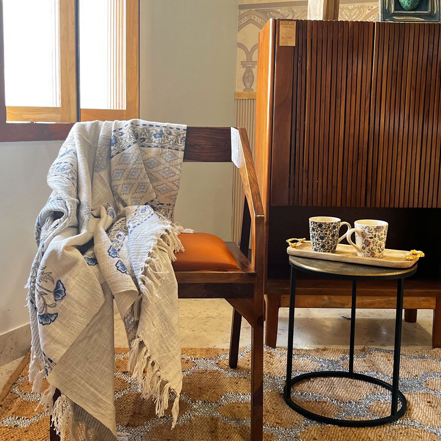 Floral Blue White Block Printed 100 % Cotton Throw - 60 inches x 48 inches