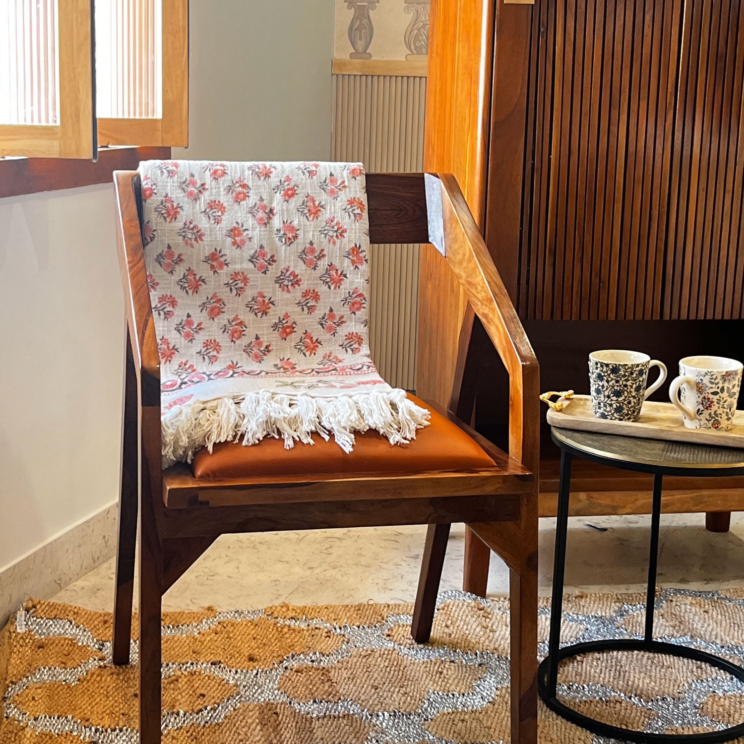 Floral Red White Block Printed 100 % Cotton Throw - 60 inches x 48 inches