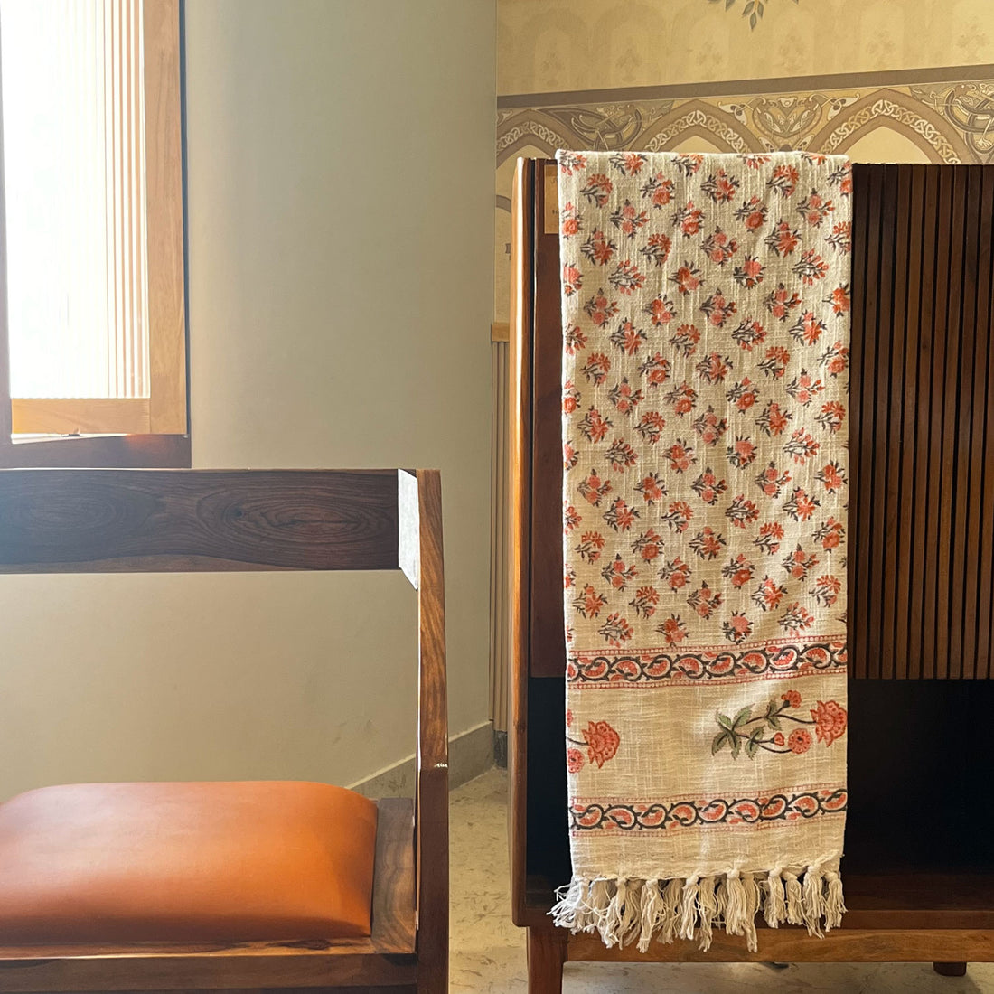 Floral Red White Block Printed 100 % Cotton Throw - 60 inches x 48 inches