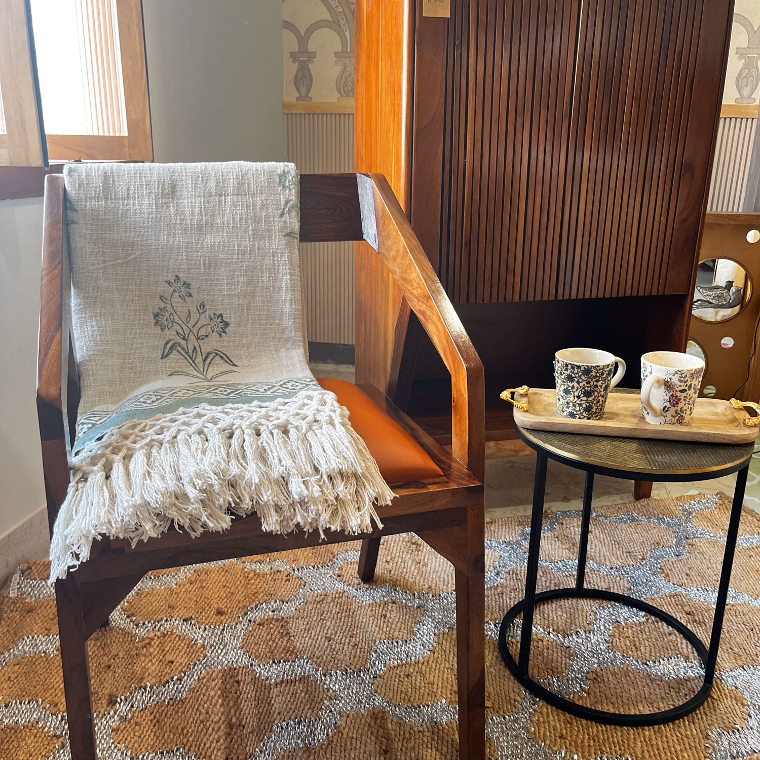 Floral Grace White Block Printed 100 % Cotton Throw - 60 inches x 48 inches